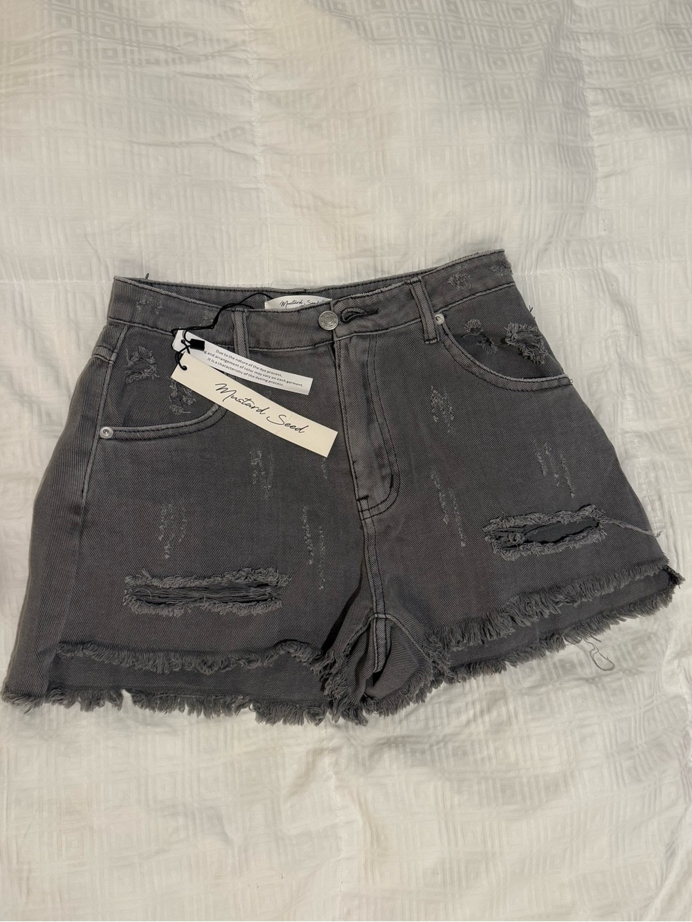 Mustard Seed Charcoal High-Waist Distressed Denim Shorts